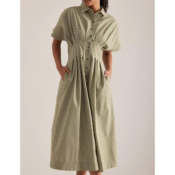 Women’s Cotton Pleated Maxi Dress Short Sleeve Button Collar Casual - Picture 2 of 6